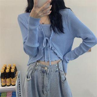 Mock Two-piece Long-sleeve Tie-front Knit Crop Top