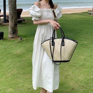 Puff-sleeve Off-shoulder Shirred Midi A-line Dress
