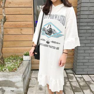 Printed 3/4-sleeve Hooded T-shirt Dress