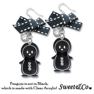 Lovely Black Ribbon & Bowtie Penguin Earrings