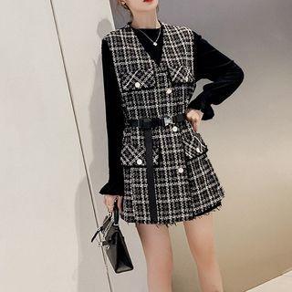 Set: Ruffle Long-sleeve Top + Sleeveless Plaid Mini Dress