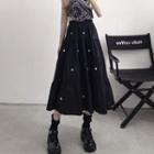 Beaded Flower Midi A-line Skirt Black - One Size