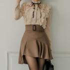 Set: Tie-neck Ruffled Blouse + Ruffle Hem Mini A-line Skirt