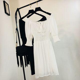 Off Shoulder Elbow-sleeve A-line Dress White - One Size