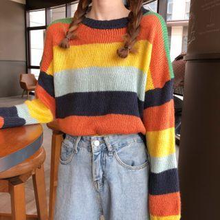 Rainbow Striped Round Neck Sweater As Shown In Figure - One Size