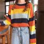 Rainbow Striped Round Neck Sweater As Shown In Figure - One Size