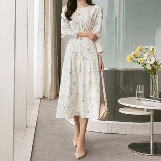 Shirred Pleated Printed Long Dress
