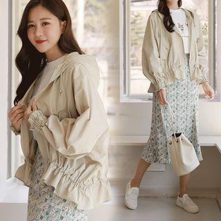 Hooded Batwing-sleeve Shirred Zip Jacket