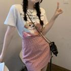 Short-sleeve Cat Print T-shirt / Plaid A-line Skirt