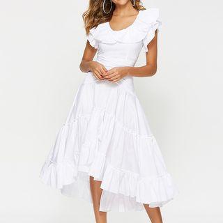Ruffled Short-sleeve Tiered A-line Midi Dress