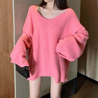 Long-sleeve Plain Loose-fit Fleece Top