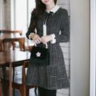 Contrast-collar Flared Tweed Dress With Brooch