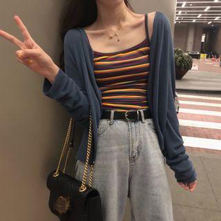 Plain Open-front Cardigan Blue - One Size