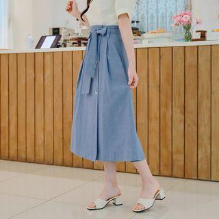Buttoned A-line Long Skirt With Sash