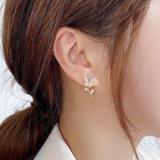 Butterfly & Leaf Rhinestone Earring 1 Pair - Gold - One Size