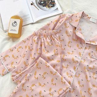 Set: Fox Printed Long-sleeve Top + High-waist Pants