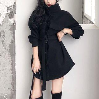 Long-sleeve Tie-waist Mini A-line Coat Dress Black - One Size