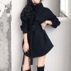 Long-sleeve Tie-waist Mini A-line Coat Dress Black - One Size