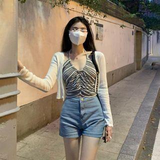 Set: Halter Neck Top + Cardigan Set - White & Black - One Size