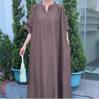 Elbow-sleeve Henley Plain Maxi Dress