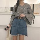 Striped V-neck Fluted Long-sleeve T-shirt