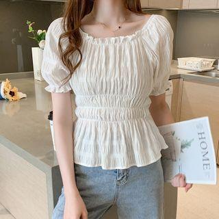 Puff-sleeve Shirred Frill Trim Peplum Blouse
