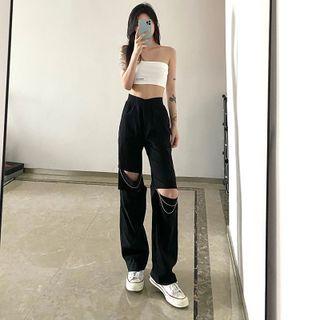 Distressed Chain Detail Wide-leg Pants