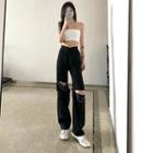 Distressed Chain Detail Wide-leg Pants