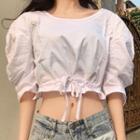 Puff-sleeve Drawstring Cropped Blouse
