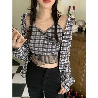 Long-sleeve Plaid Loose-fit Shirt / Plaid Camisole Top