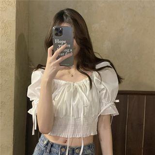 Puff-sleeve Square-neck Drawstring Cropped Top
