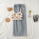 Cropped Flower Embroidered Sleeveless Top / Straight-cut Jeans