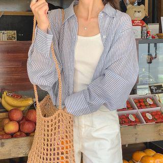 Striped Cropped Shirt Navy Blue - One Size