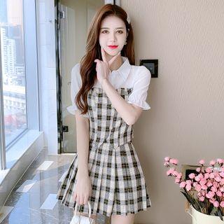 Set Of 2: Short-sleeve Panel Plaid Blouse + High-waist Plaid Pleated Skirt