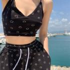Smiley Face Print Cropped Camisole Top / Wide-leg Pants