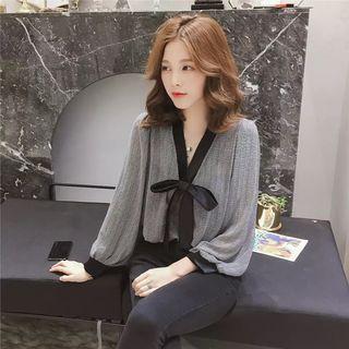 Long-sleeve Contrast Trim Patterned Chiffon Ribbon Blouse