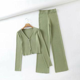 Set: Zip-up Cropped Cardigan + Knit Wide-leg Pants