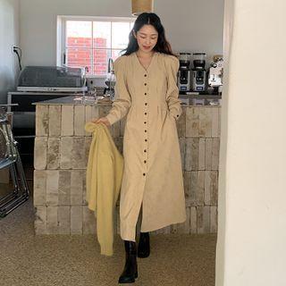 Puff-sleeve Back-tie Corduroy Long Shirtdress