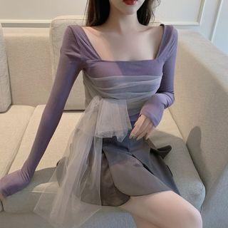 Square-neck Mesh Panel Ribbed Knit Top Purple - One Size