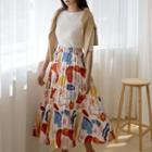 Illustrated Long Pleated Skirt Light Beige - One Size