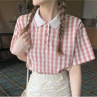 Short-sleeve Gingham Collared T-shirt Pink - One Size