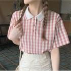 Short-sleeve Gingham Collared T-shirt Pink - One Size