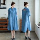 Long-sleeve Floral Embroidered Denim Midi A-line Shirtdress
