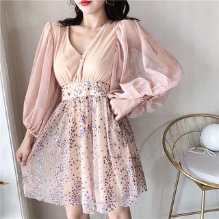Balloon-sleeve Sequin A-line Cocktail Dress