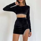 Set: Long-sleeve Rhinestone Fringed Crop Top + Mini Skirt