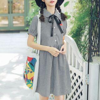 Short-sleeve Tie-neck Plaid Mini A-line Dress
