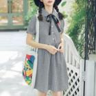 Short-sleeve Tie-neck Plaid Mini A-line Dress