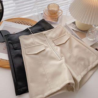 High-waist Zipper Faux Leather A-line Shorts