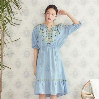 Puff-sleeve Embroidered-panel Dress