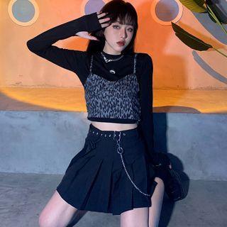 Leopard Print Cropped Camisole Top / Long-sleeve Printed T-shirt / Mini Pleated Skirt / Set